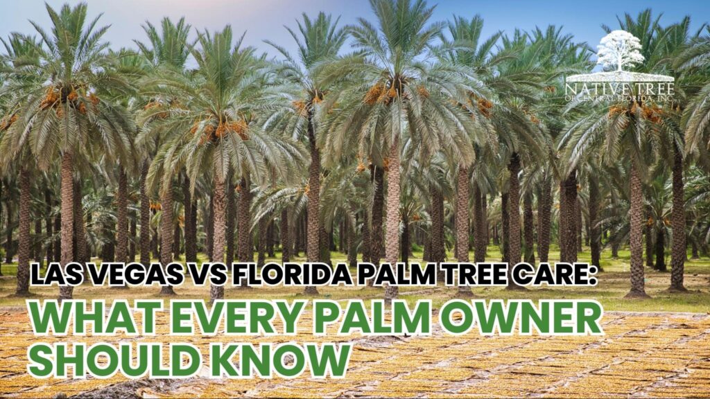 Comparison of palm tree care in Las Vegas and Florida showing desert palms needing deep watering and Florida palms requiring storm preparation.