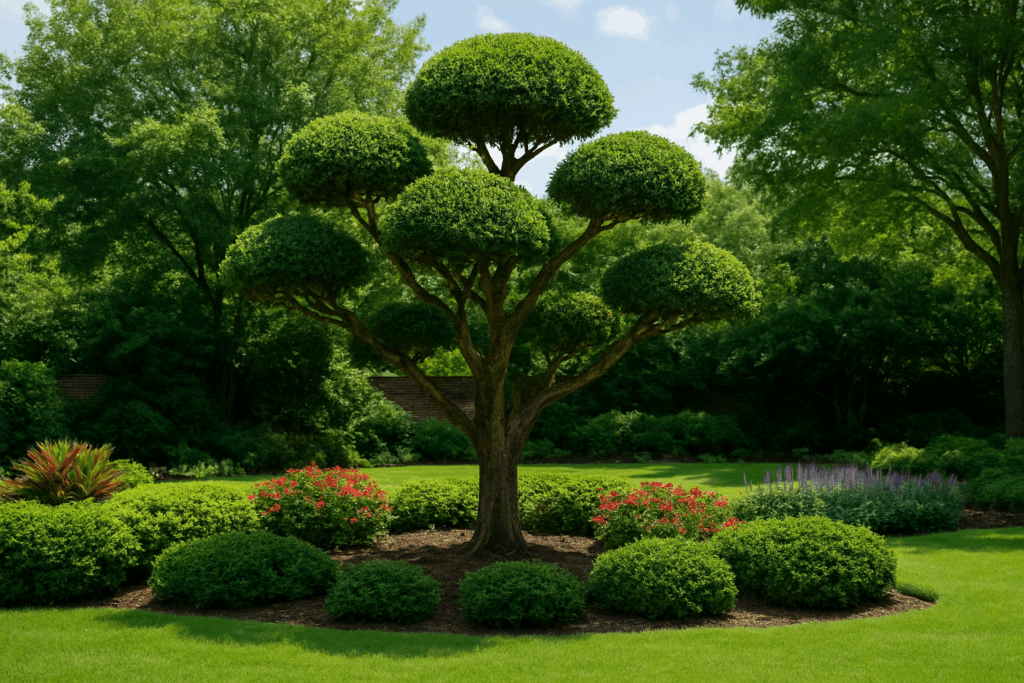 Well-maintained landscape after proper tree care and pruning