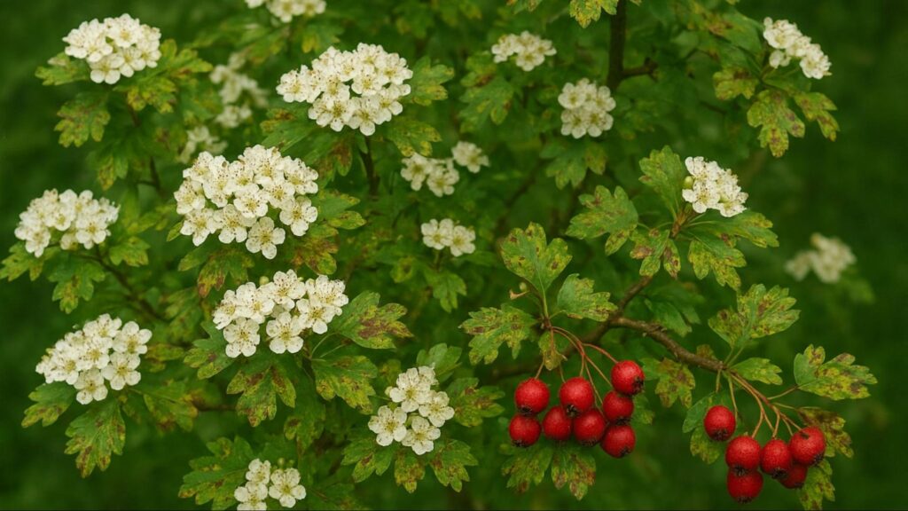 A hawthorn tree with white blossoms and green leaves showing visible signs of rust and pest damage in a garden setting.