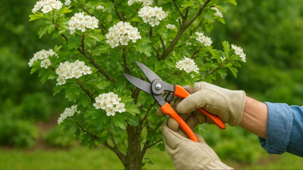 A gardener carefully pruning a flowering hawthorn tree to improve airflow and prevent common fungal diseases.