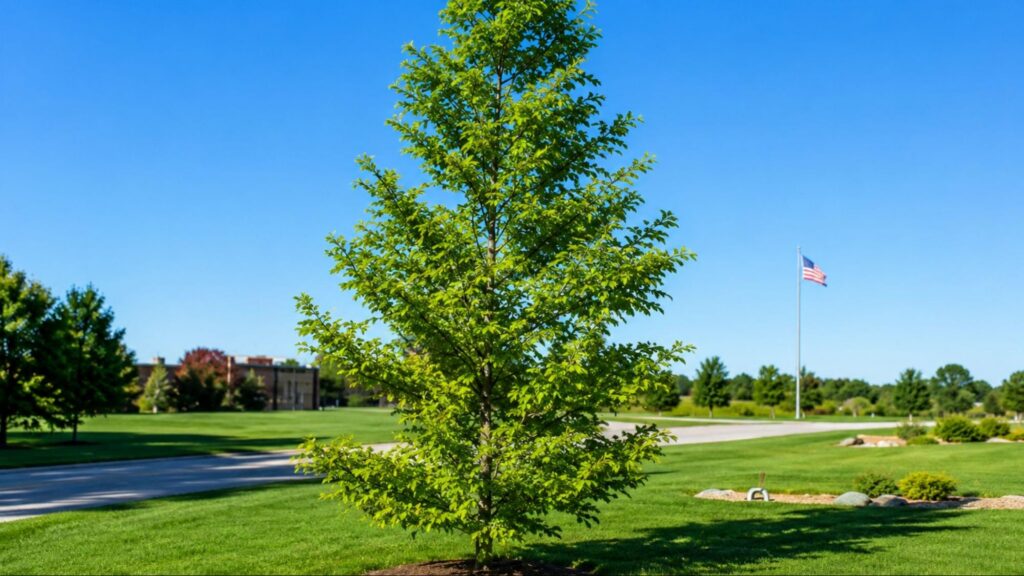 Bald Cypress tree with lush green leaves, showcasing its distinctive feathery foliage against a clear sky.