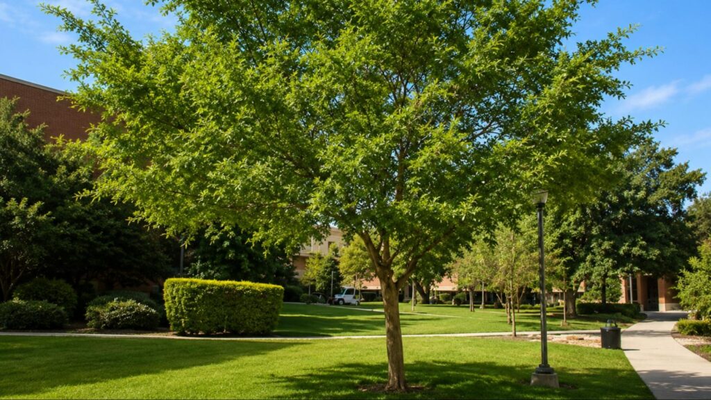 A Chinese Elm tree with lush green leaves stands prominently in a park setting, surrounded by grass and pathways.