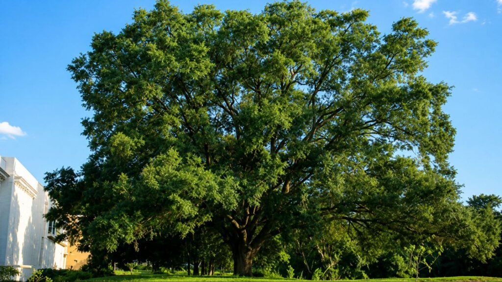 A large Live Oak tree with sprawling branches stands prominently in a grassy area.