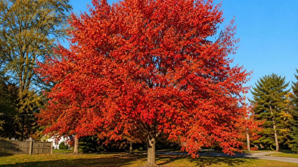 A vibrant red maple tree displaying bright orange leaves against a clear sky.