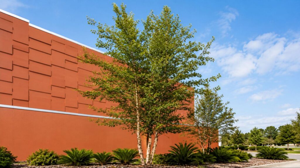 A River Birch tree stands in front of a building, with a visible sign attached to the structure.