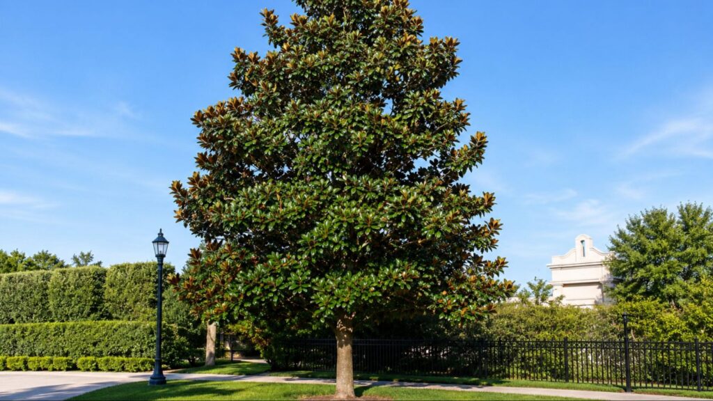 A large Southern Magnolia tree with glossy leaves and white flowers in a park setting.