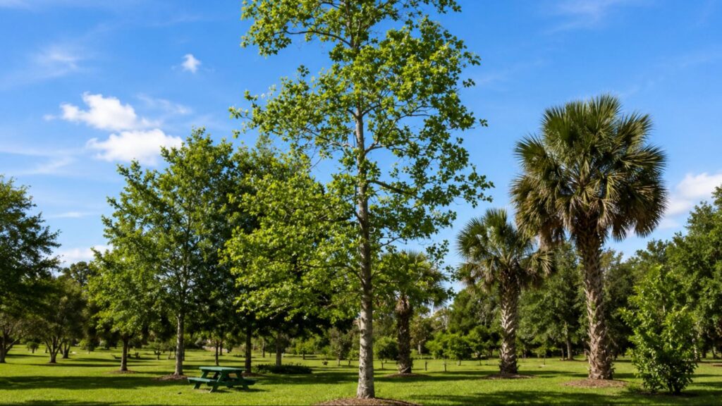 A park scene featuring a bench beside a Tulip Poplar tree, showcasing its distinctive leaves and tall trunk.