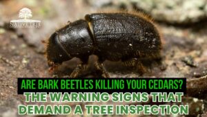 A graphic illustrating warning signs of bark beetle infestation, emphasizing the need for tree inspection.