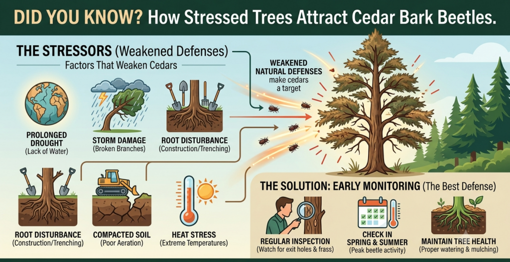 Diagram depicting a stressed tree infested with bark beetles, emphasizing the impact of stress on tree vulnerability.