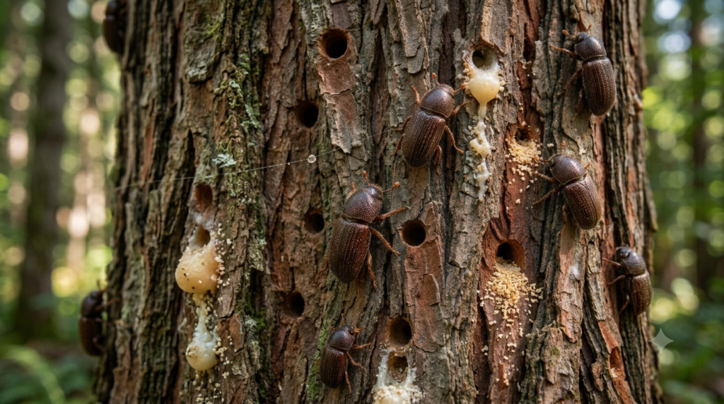 A cluster of bark beetles on a tree trunk, highlighting the pest problem affecting tree health.