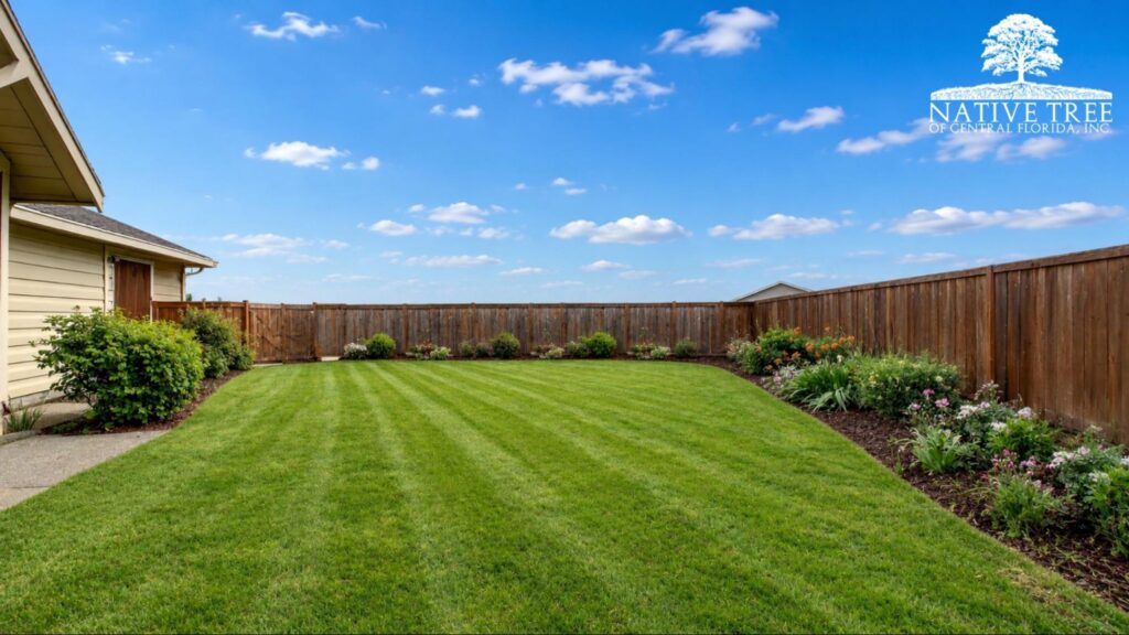 A lush backyard featuring a well-maintained lawn and several trees providing ample shade.