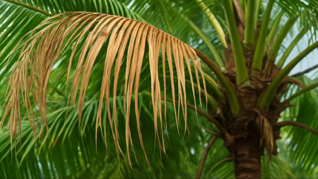A healthy palm tree with a few brown or drooping fronds among green ones, illustrating the signs that indicate it’s time for trimming to maintain tree health and appearance.