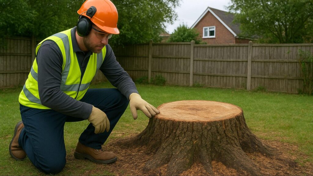 Certified tree care specialist conducting a site inspection before stump grinding, assessing the work area and preparing the site for safe and efficient stump removal operations.