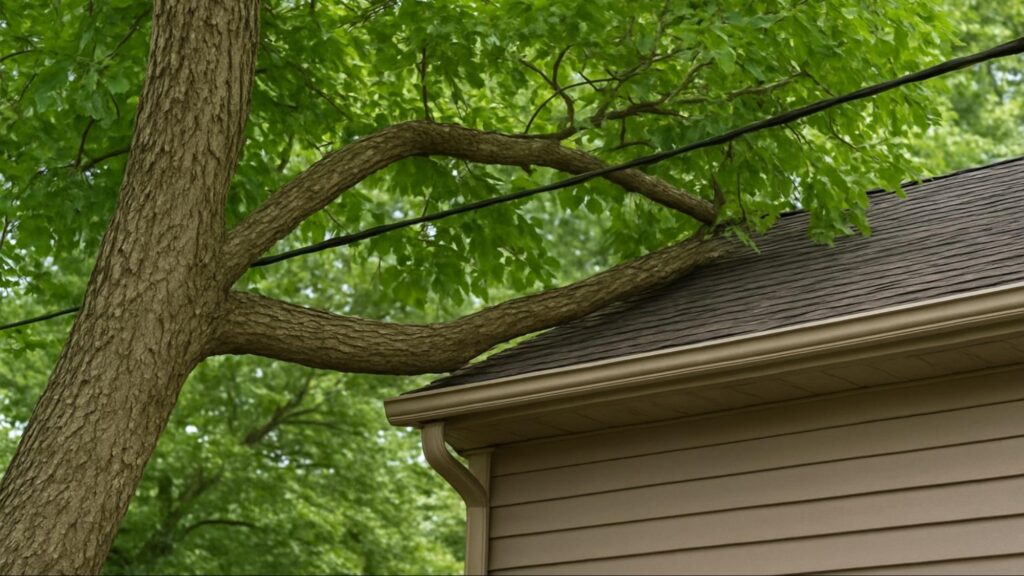 A mature tree showing overgrown branches near a roof and power lines, symbolizing common signs that a tree needs trimming or maintenance.