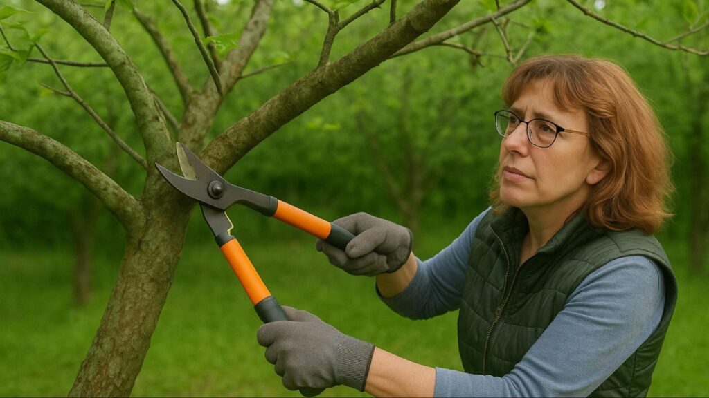 Hands using clean, sharp pruning shears for accurate tree trimming, demonstrating proper cutting techniques to maintain tree health and structure.
