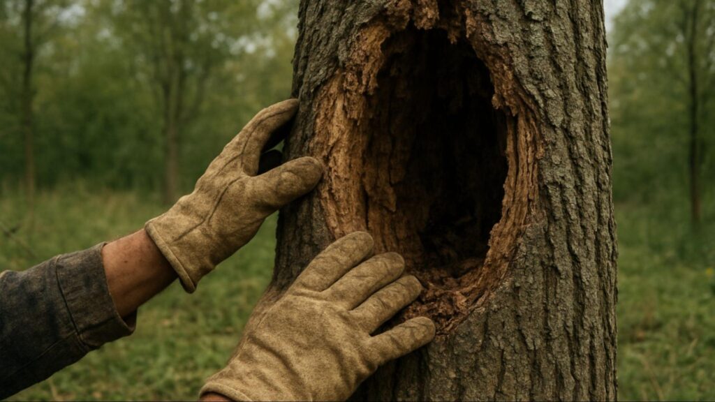 Tree removal inspection showing signs that a tree needs to be removed, including decay, hollow trunk, and dead branches, helping readers understand when tree removal is necessary for safety and property protection.