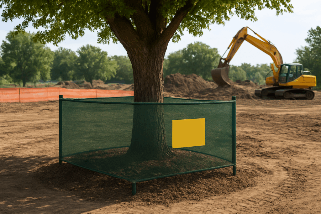 Trees enclosed by protective fencing on a construction site, showing clearly marked zones that prevent root damage and keep heavy equipment away from sensitive areas.