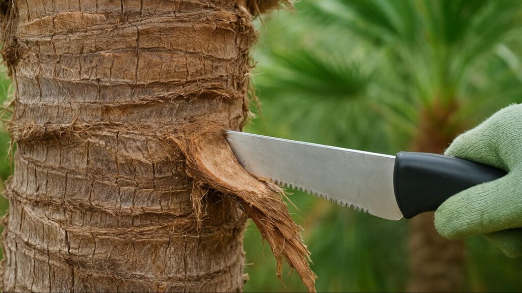 A palm tree trunk where a frond was cut too close, showing slight trunk damage and clean tools nearby, emphasizing the importance of maintaining proper cutting distance and safety during palm tree trimming.