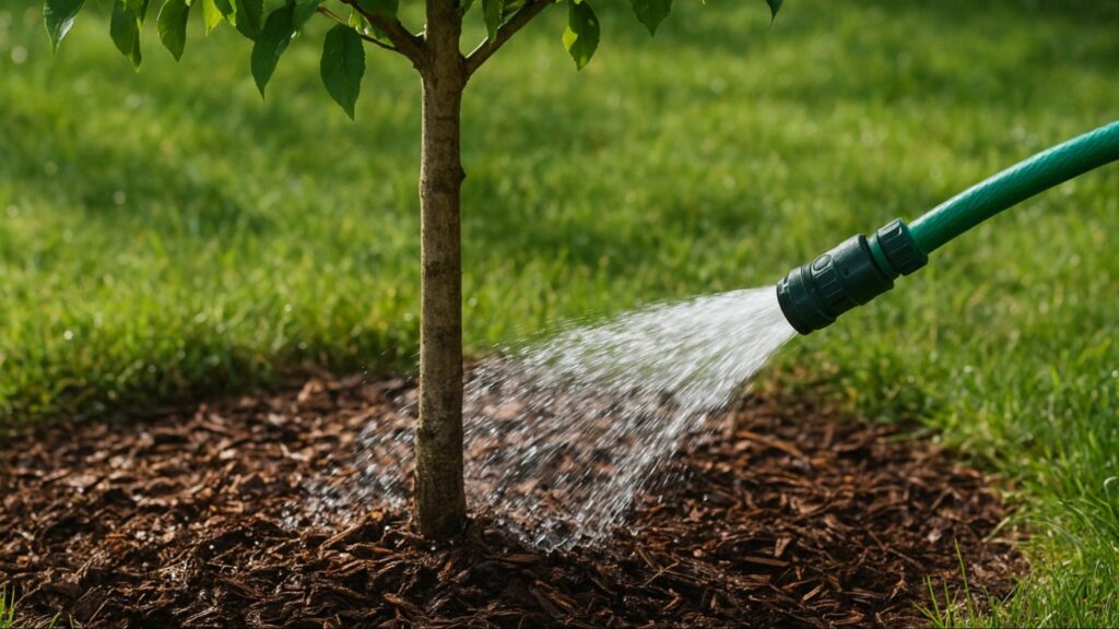 Watering the base of a tree surrounded by fresh mulch, showing proper watering and mulching techniques that maintain soil moisture and promote healthy tree growth.