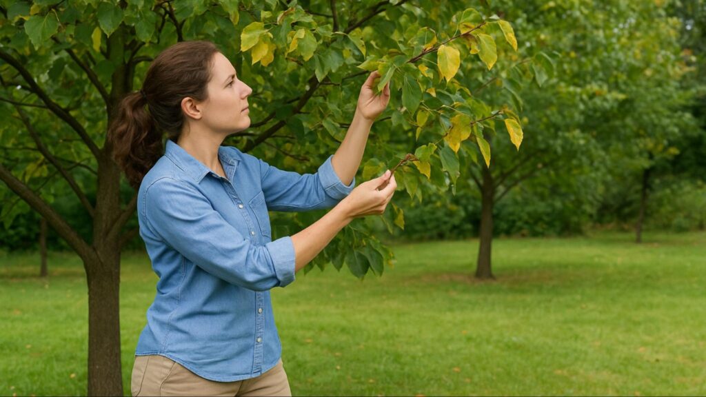 Tree care inspection, examining leaves and branches for signs of disease, pests, or discoloration. Highlights the importance of early detection in maintaining overall tree health.