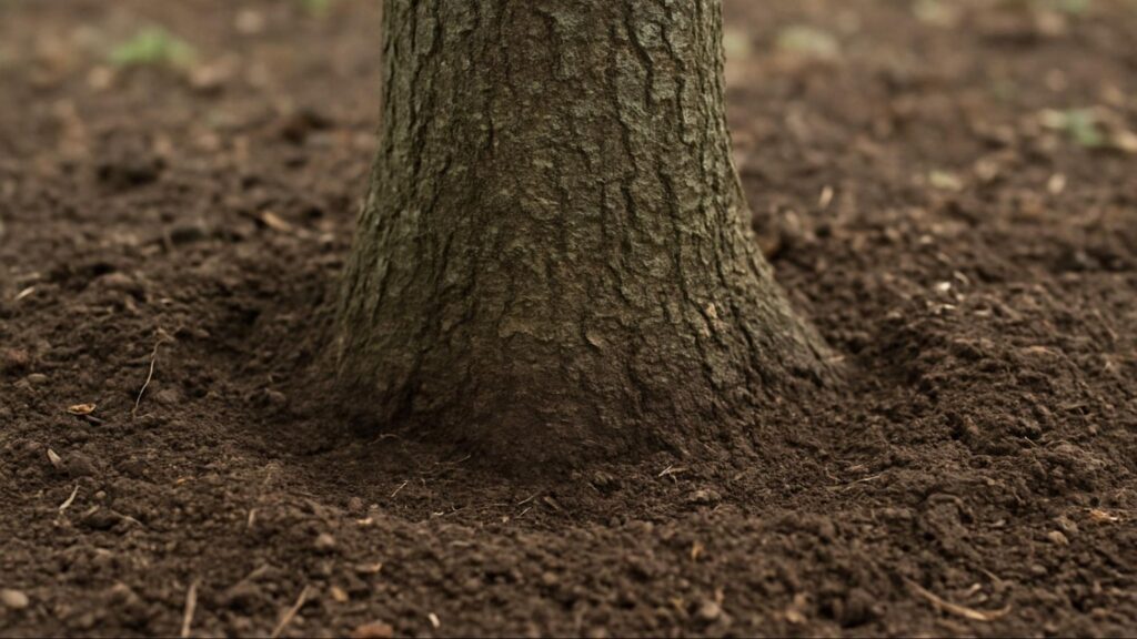 Girdling roots cause structural weakness as the tree trunk merges into the soil without a visible flare.