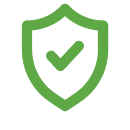 A green shield featuring a prominent white tick mark, symbolizing security or approval.