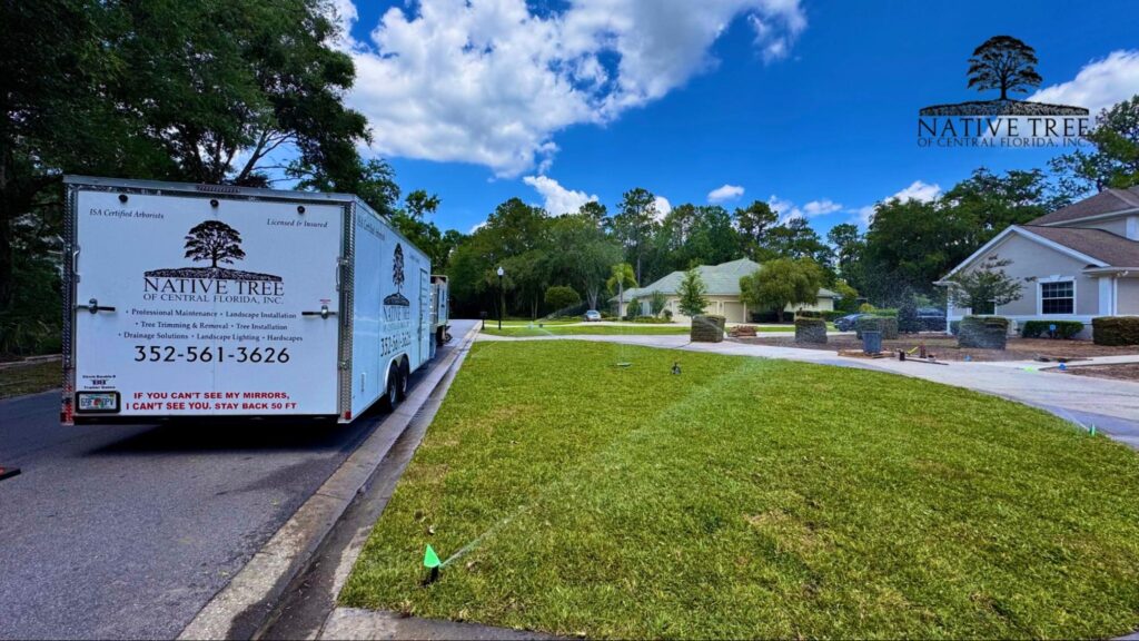 A white truck parked in front of a house, emphasizing the importance of hiring a licensed and insured arborist.