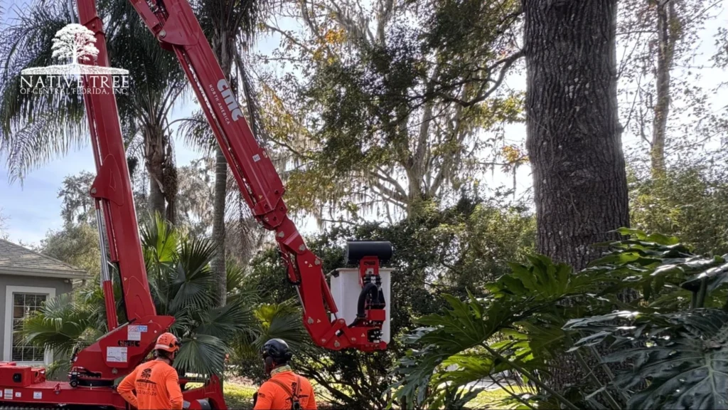 Two workers in orange vests are engaged in tree maintenance, using tools to prune branches.