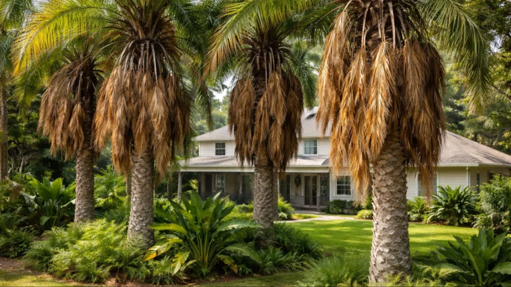 Palm trees with yellowing fronds in front of a house, indicating they need trimming for better appearance.