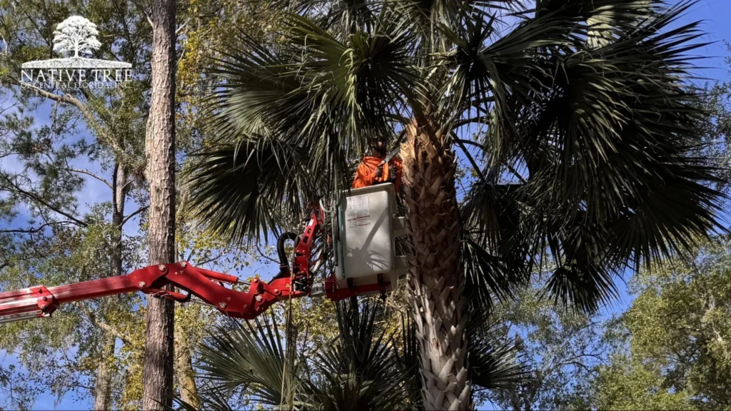 A man is trimming the fronds of a tall palm tree in a sunny outdoor setting.
