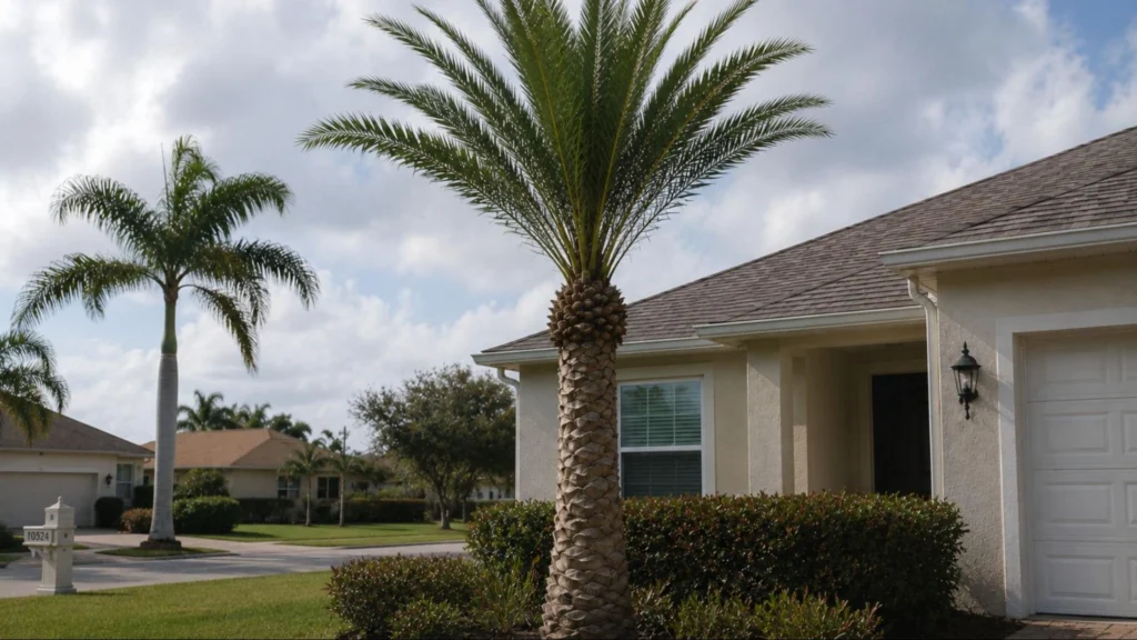 A palm tree stands in front of a house, showcasing the effects of a hurricane cut on its fronds.