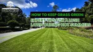 A lush, green lawn under bright summer sun with sprinklers watering the grass, illustrating expert tips on how to maintain healthy, vibrant turf during hot weather conditions.