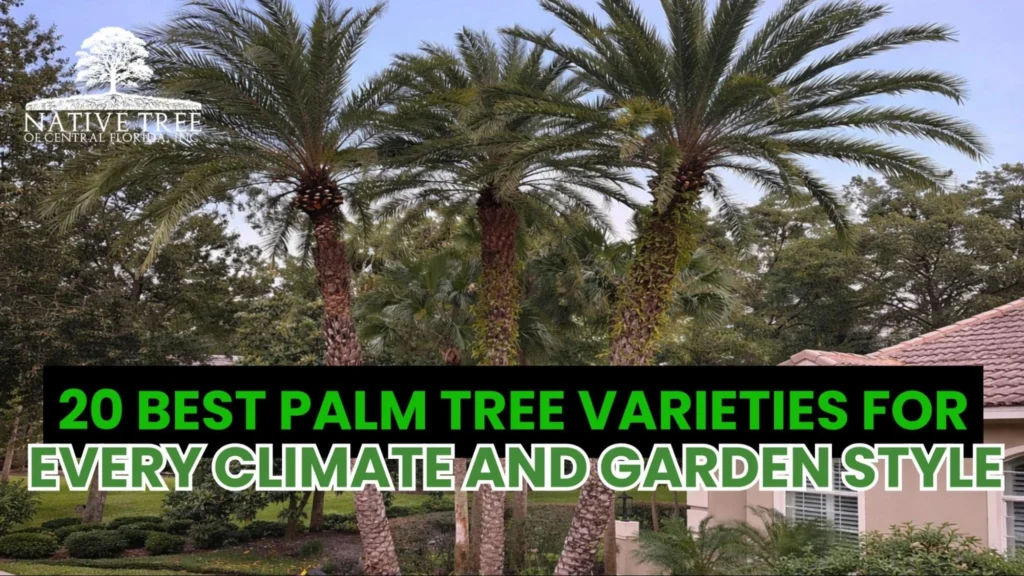 Illustration showing different palm tree varieties, ranging from small indoor palms to tall tropical and cold-hardy species, suitable for diverse climates and garden styles.