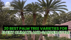 Illustration showing different palm tree varieties, ranging from small indoor palms to tall tropical and cold-hardy species, suitable for diverse climates and garden styles.