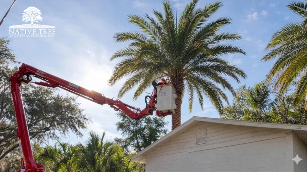 A man trims a palm tree in front of a house, focusing on the tree's fronds and maintaining the landscape.
