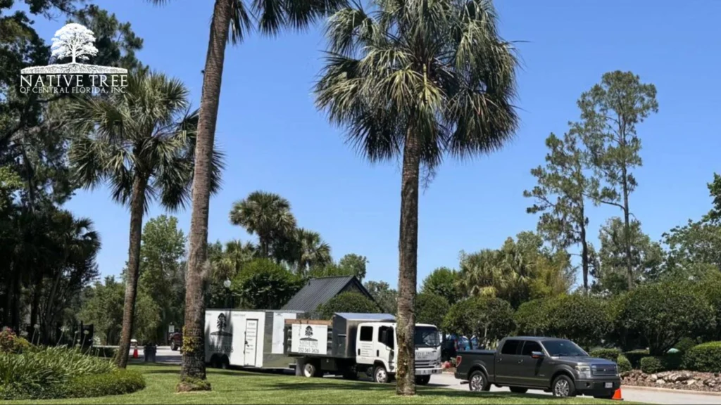 A Native Tree truck parked in front of tall palm trees, showcasing a tropical landscape with vibrant greenery.