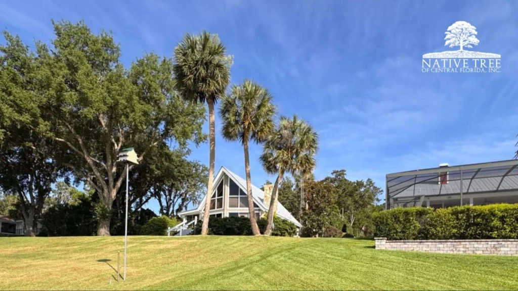 A house surrounded by palm trees and a grassy area in front, showcasing a tropical landscape.