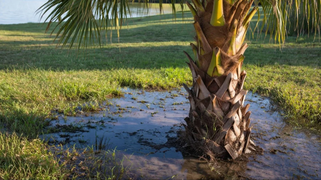 Close-up of a plant showing overwatering damage: yellowing, drooping leaves, and soggy soil, illustrating the effects of excess water on plant health.