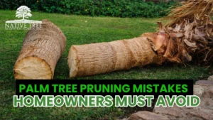 A guide illustrating the steps for pruning palm trees, featuring techniques for effective maintenance.