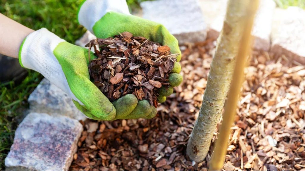A person holds a mound of mulch in their hands, ready for gardening or landscaping use.