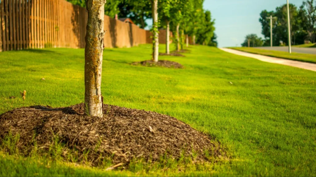 A row of trees stands tall in a grassy field, highlighting the importance of professional landscaping and mulching.