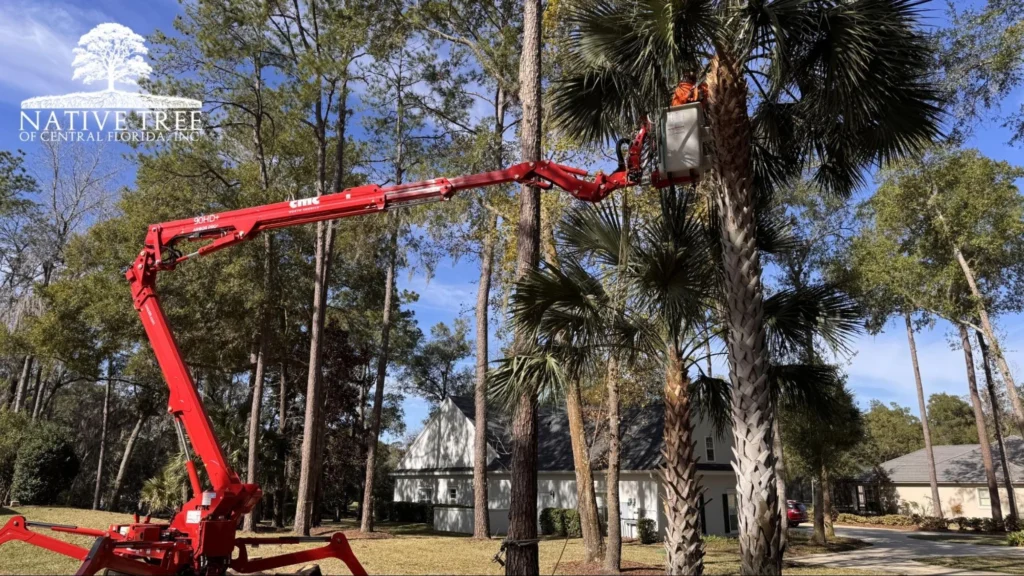 A man is elevated, trimming the fronds of a tall palm tree against a clear blue sky.