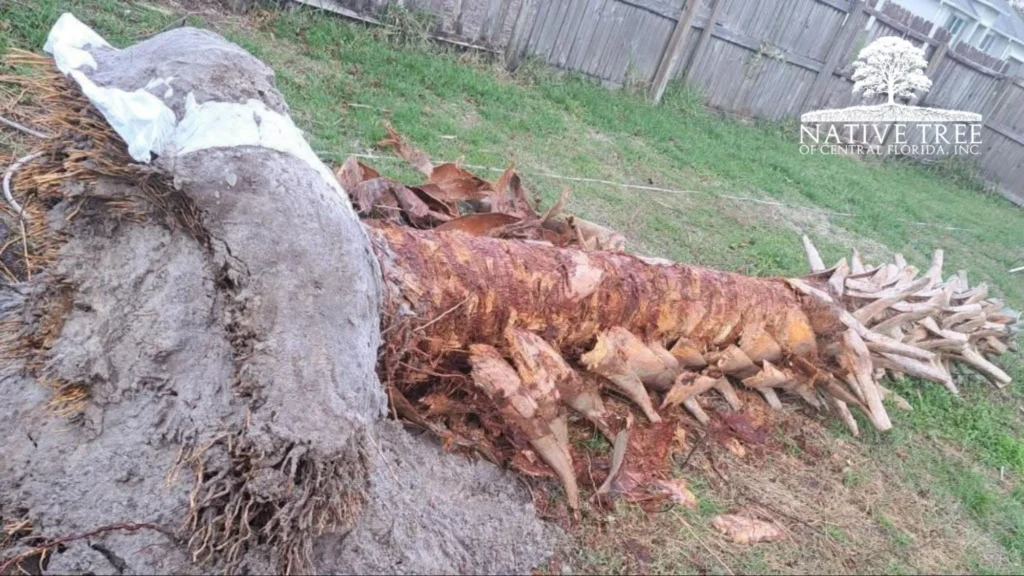 A fallen palm tree trunk surrounded by scattered leaves, emphasizing the need for special soil care for palm trees.