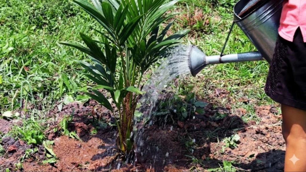 A person waters a small palm tree, nurturing it with care in a bright, sunny environment.