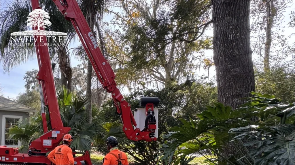 Two men in orange vests are trimming branches on a tree, focused on their work in a natural outdoor setting.