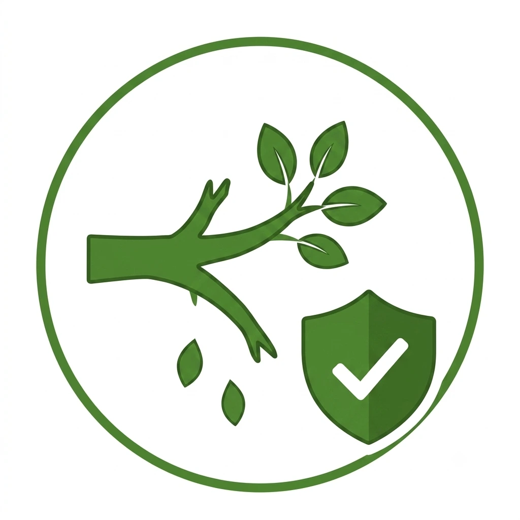 Green shield featuring a tree and a check mark, symbolizing safety through tree pruning to prevent falling branches.