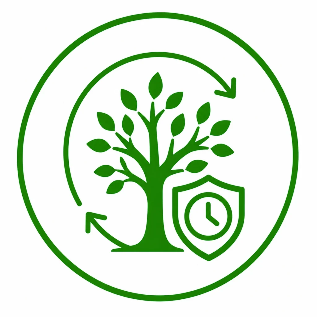 A green tree with a clock in the center, symbolizing the extension of tree lifespan through routine pruning.