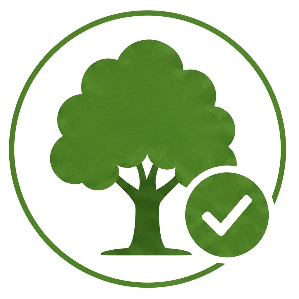 A healthy green tree with a tick and check mark, symbolizing improved tree health through pruning and maintenance.