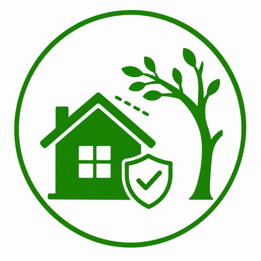 A green house with a tree nearby and a check mark, illustrating the benefits of pruning for property damage prevention.