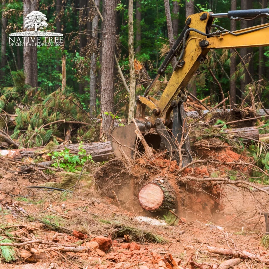 A yellow excavator operates, clearing debris and preparing the land for further development.